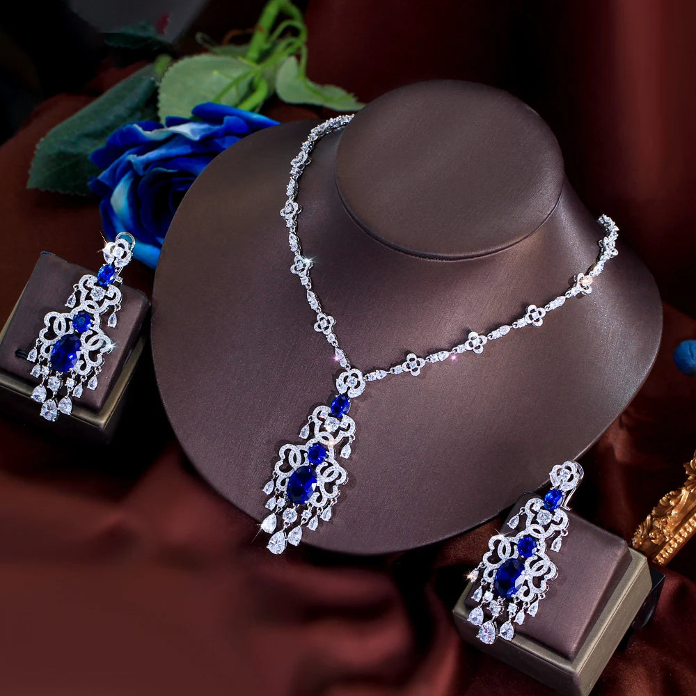 Top Quality Royal Blue Cubic Zirconia African Long Big Statement Necklace Earrings 2Pcs Sets for Women Evening Party Jewelry Jovera Joyce