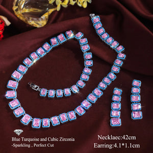 Rhodium Plated CZ Pink Baguette Tennis Necklace Earring Set Blue Turquoise Zircon Jewelry Set for Brides Wedding Engagement Gift Jovera Joyce