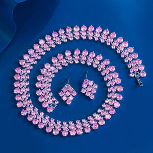 Super Luxurious Round Cubic Zirconia Necklace and Earrings Engagement Wedding Romantic Pink Chunky Big Jewelry Set for Women Jovera Joyce