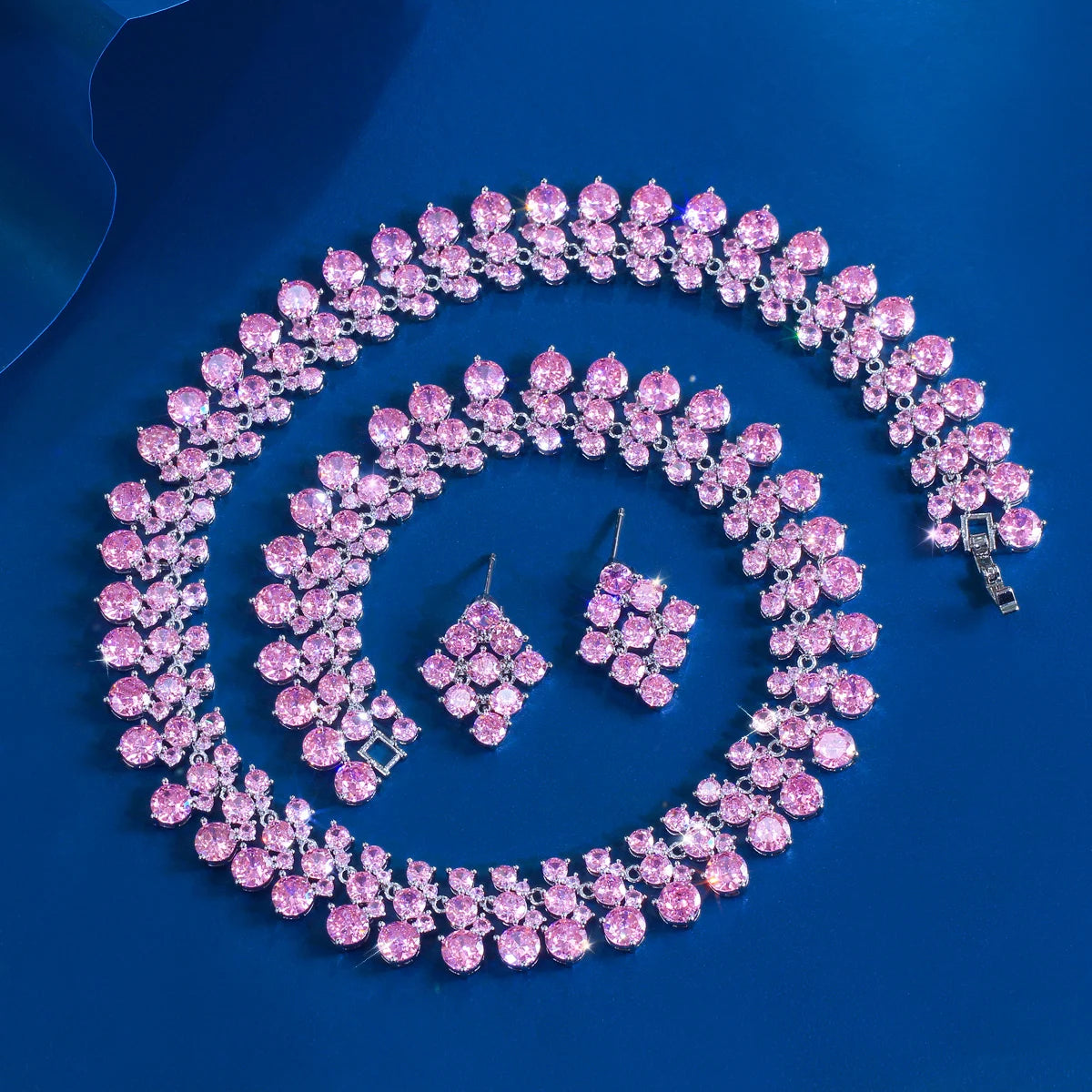 Super Luxurious Round Cubic Zirconia Necklace and Earrings Engagement Wedding Romantic Pink Chunky Big Jewelry Set for Women Jovera Joyce