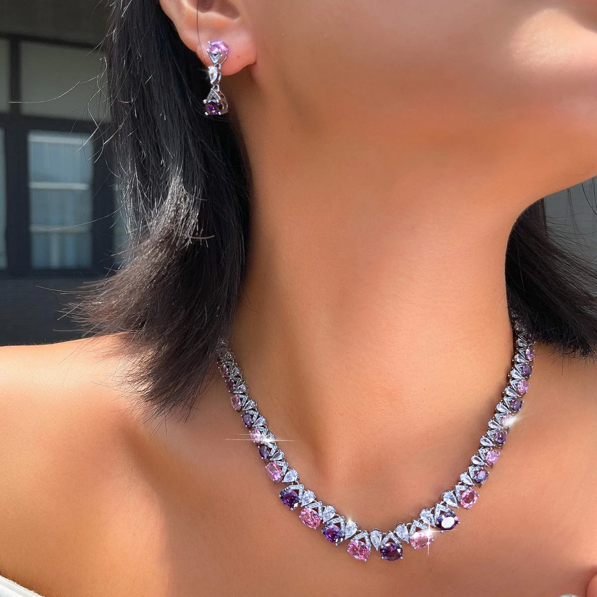 Rhodium Plated Purple Pink CZ Oval Tennis Necklace Dangle Earrings Set Geometric Zircon Set for Fiancee Engagement Jewelry Jovera Joyce