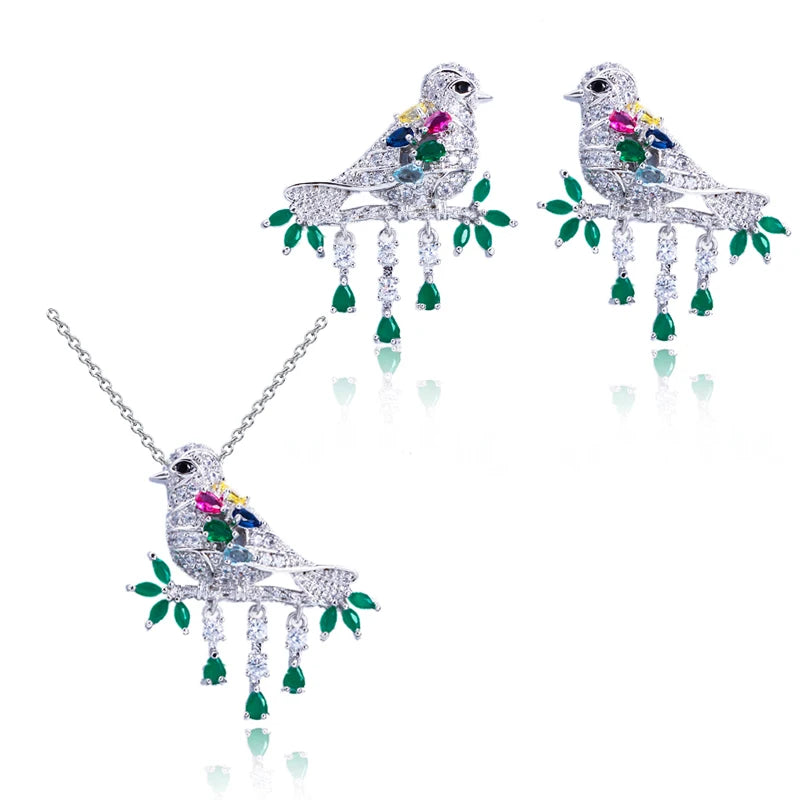 Fashion Design Green Cubic Zirconia Animal Birds Shaped Necklace and Earrings Jewelry Set for Women Girls Accessories Jovera Joyce