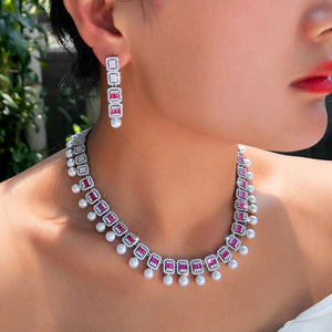 Women Glamorous Necklace and Earrings Red Cubic Zirconia Bridal Pearl Jewelry Set for Anniversaries Engagement Wedding Jewellery Jovera Joyce