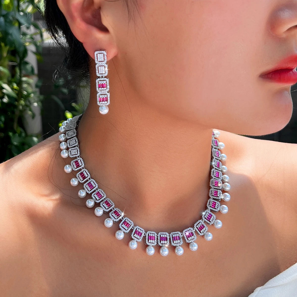 Women Glamorous Necklace and Earrings Red Cubic Zirconia Bridal Pearl Jewelry Set for Anniversaries Engagement Wedding Jewellery Jovera Joyce