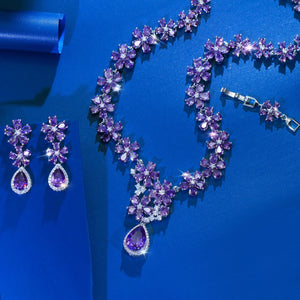 Charming Rhodium Plated CZ Jewelry Set Purple Flower Water Drop Necklace Earrings Jewelry Set for Women Brides Wedding Costume Jovera Joyce
