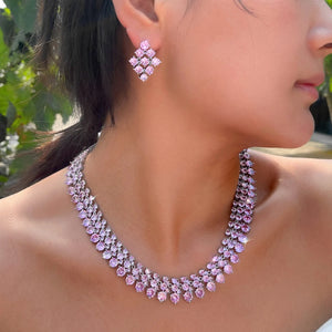Super Luxurious Round Cubic Zirconia Necklace and Earrings Engagement Wedding Romantic Pink Chunky Big Jewelry Set for Women Jovera Joyce