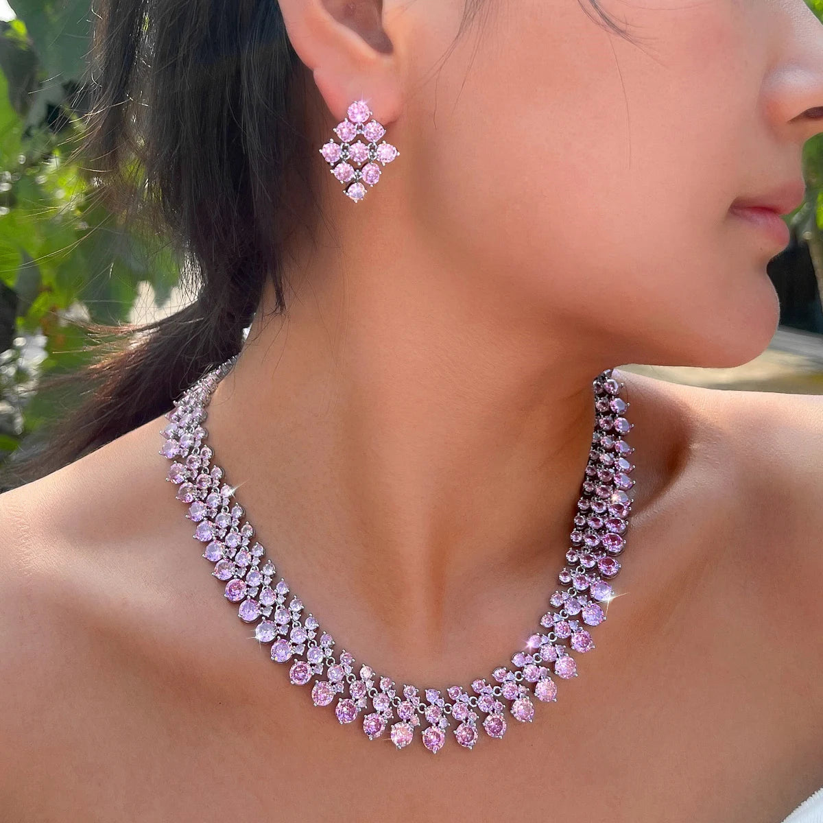 Super Luxurious Round Cubic Zirconia Necklace and Earrings Engagement Wedding Romantic Pink Chunky Big Jewelry Set for Women Jovera Joyce
