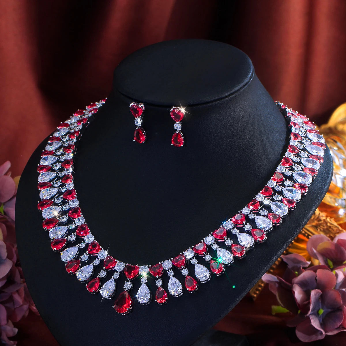 Charming Cubic Zirconia Jewelry Set Rhodium Plated Red CZ Heart Drop Dangle Necklace Earrings Jewelry Set for Brides Wedding Jovera Joyce
