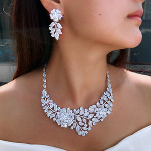 Sparking White Cubic Zirconia Flower Leaf Shape Exaggerating Earrings Necklace Luxury Bridal Wedding Big Jewelry Set for Women Jovera Joyce
