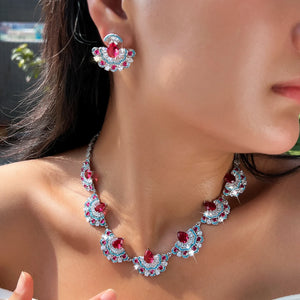 Beauty Jewelry Set Rhodium Plated Rose Red Turquoise CZ Dress Drop Tennis Jewelry Set for Women Brides Lady Costume Accessories Jovera Joyce