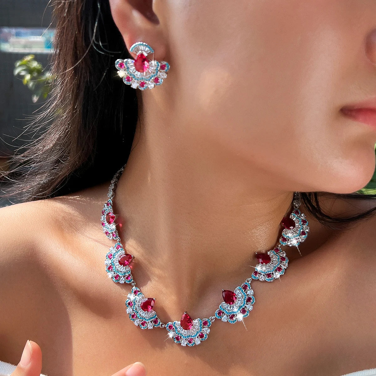 Beauty Jewelry Set Rhodium Plated Rose Red Turquoise CZ Dress Drop Tennis Jewelry Set for Women Brides Lady Costume Accessories Jovera Joyce