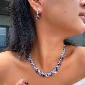 Rhodium Plated Purple Pink CZ Oval Tennis Necklace Dangle Earrings Set Geometric Zircon Set for Fiancee Engagement Jewelry Jovera Joyce