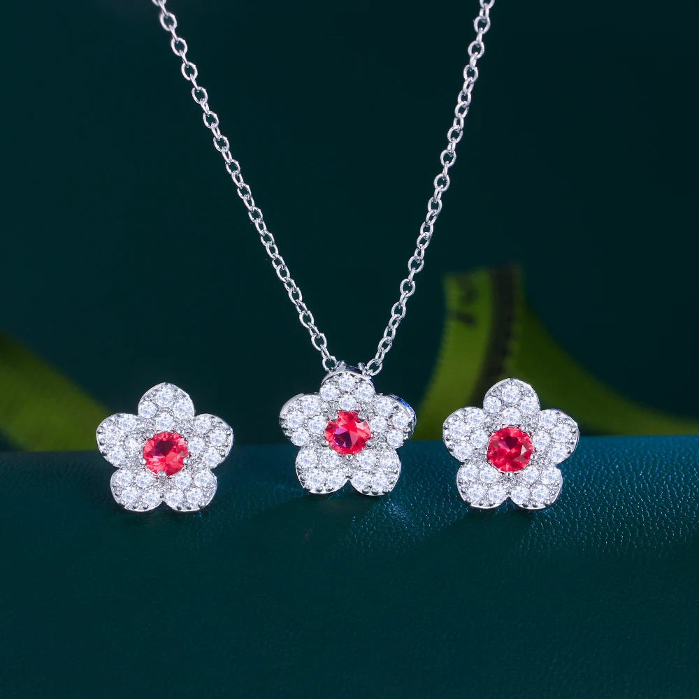 Korean Style Micro Pave Cubic Zircon Green Red Blue White Flowers Necklace and Earrings Jewelry Sets for Women Summer Daily Wear Jovera Joyce