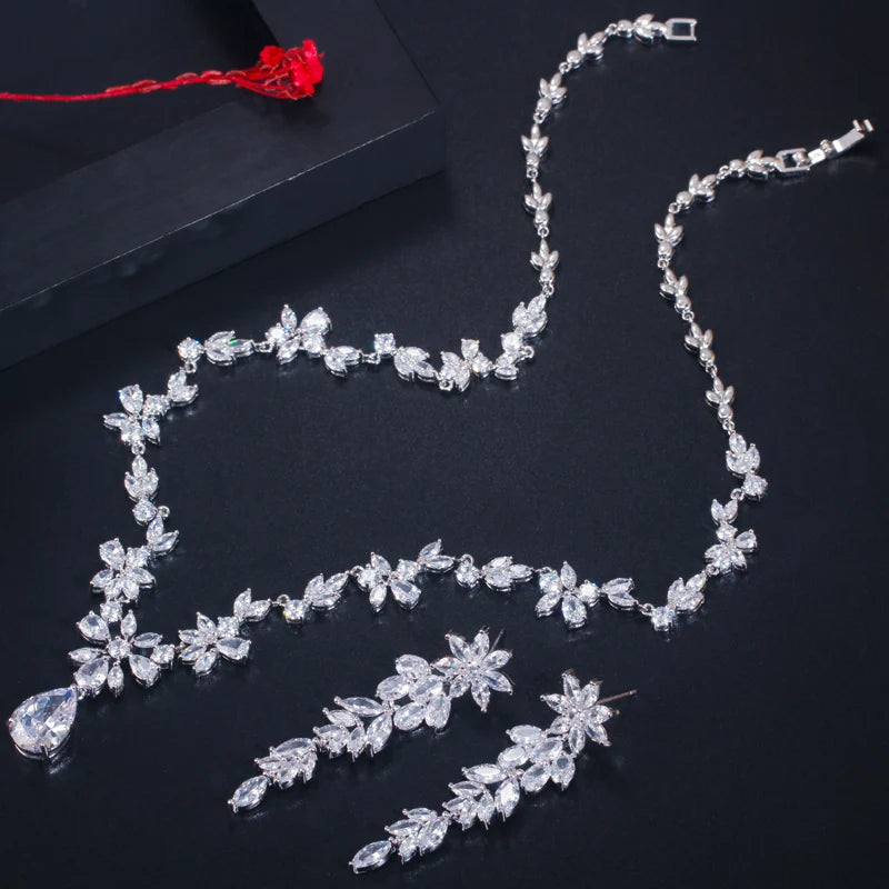 Women Wedding Jewellery Set with Shiny Cubic Zircon Stone Flower Long Leaf Shaped Dangle Earrings Necklace Luxury Bridal Jewelry Jovera Joyce