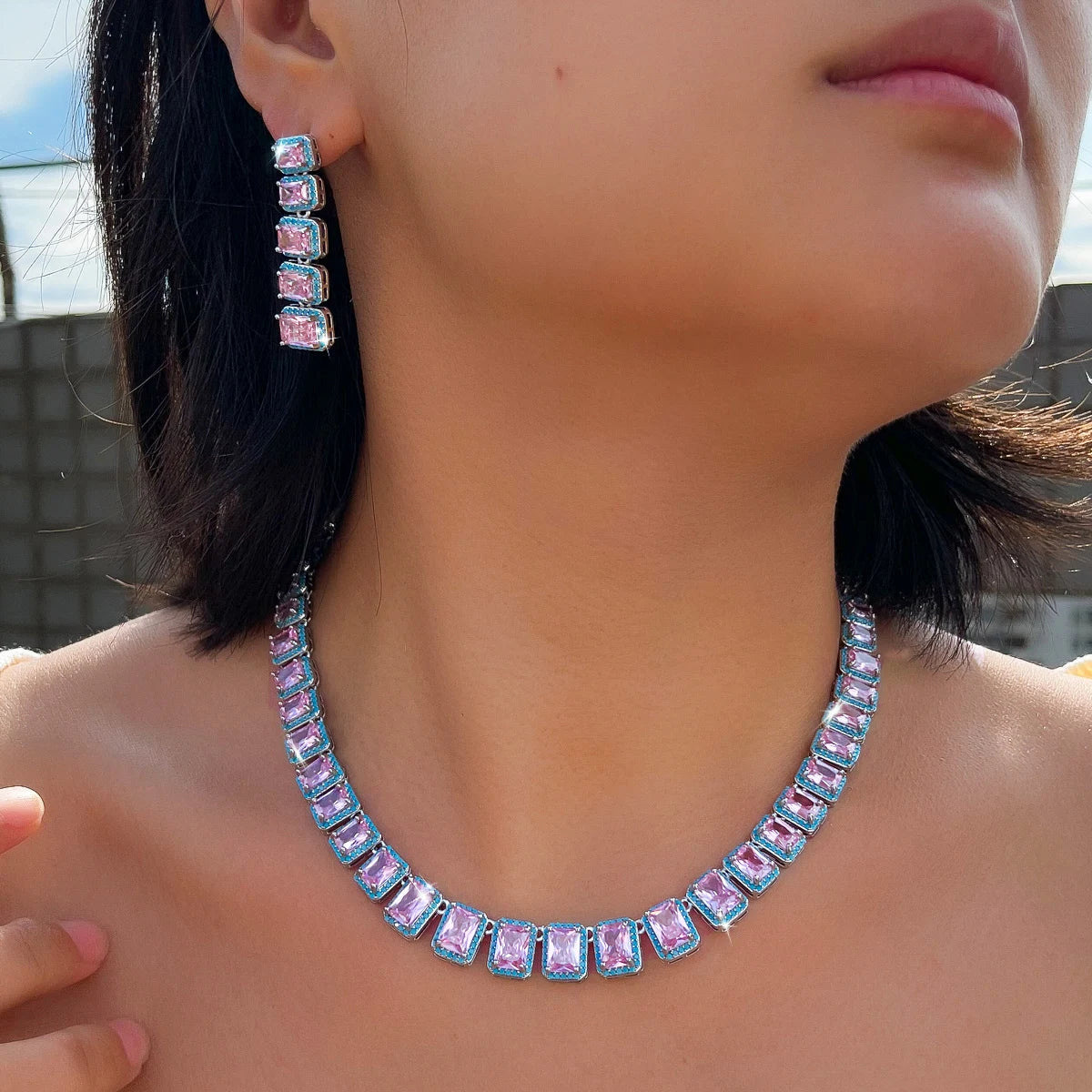Rhodium Plated CZ Pink Baguette Tennis Necklace Earring Set Blue Turquoise Zircon Jewelry Set for Brides Wedding Engagement Gift Jovera Joyce
