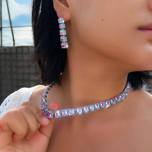 Rhodium Plated CZ Pink Baguette Tennis Necklace Earring Set Blue Turquoise Zircon Jewelry Set for Brides Wedding Engagement Gift Jovera Joyce