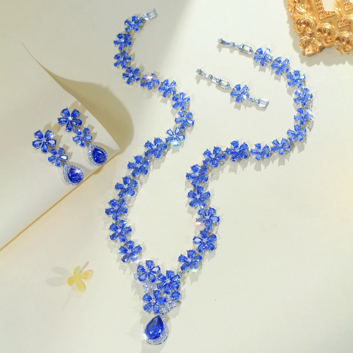 Tanzanite CZ Jewelry Set Blue Flower Water Drop Cubic Zirconia Dangle Necklace Earrings Jewelry Set With Rhodium Plated Gift Jovera Joyce