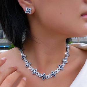 Hip Hop Jewelry Sapphire Blue 4 Leaf Clover Flower Necklace and Earrings Cubic Zircon Cuban Link Chain Jewelry Set for Women Man Jovera Joyce