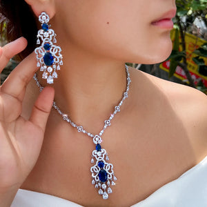 Top Quality Royal Blue Cubic Zirconia African Long Big Statement Necklace Earrings 2Pcs Sets for Women Evening Party Jewelry Jovera Joyce