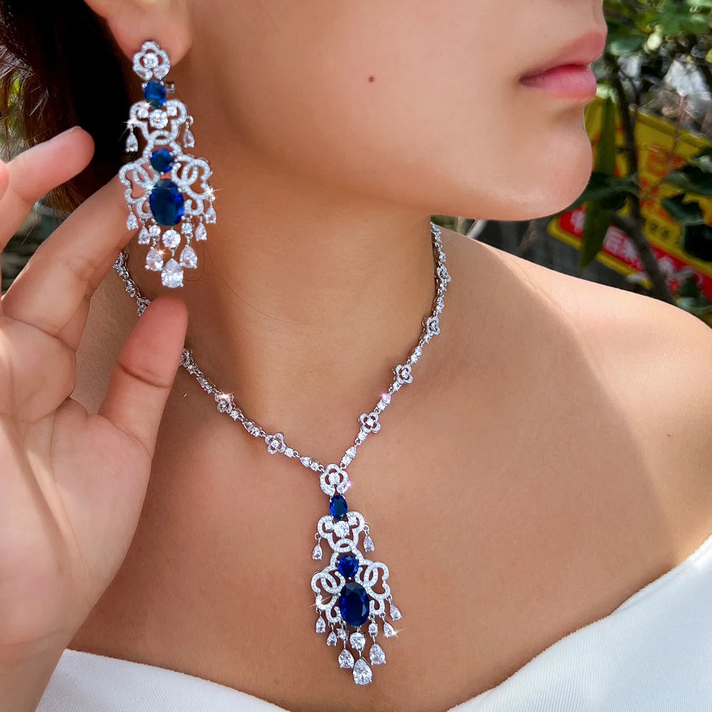 Top Quality Royal Blue Cubic Zirconia African Long Big Statement Necklace Earrings 2Pcs Sets for Women Evening Party Jewelry Jovera Joyce