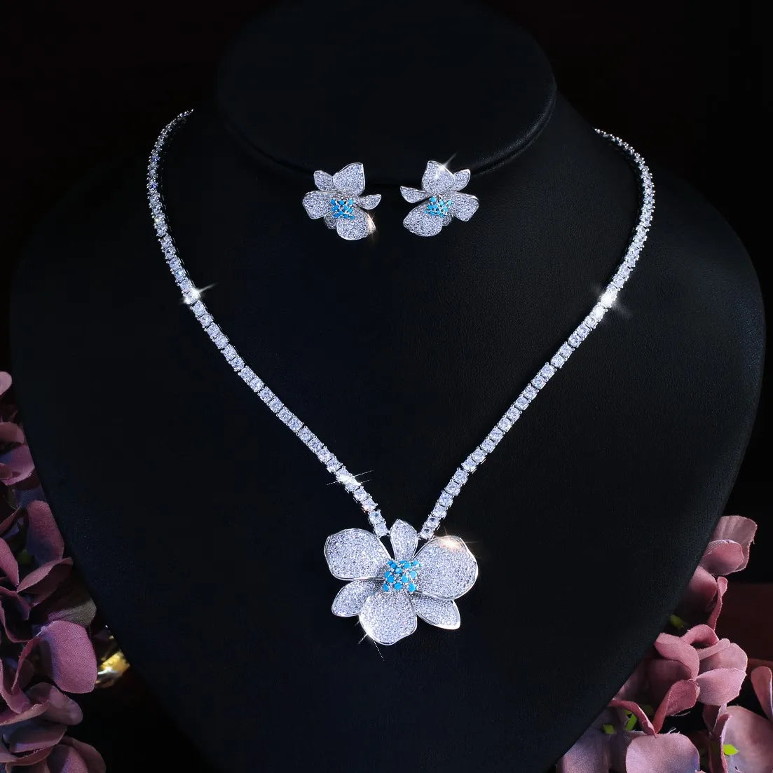 Vintage Shiny Micro Pave CZ Turquoise Flower Pendant Necklace Stud Earrings Set for Women Formal Banquet Bridesmaid Jewelry Set Jovera Joyce