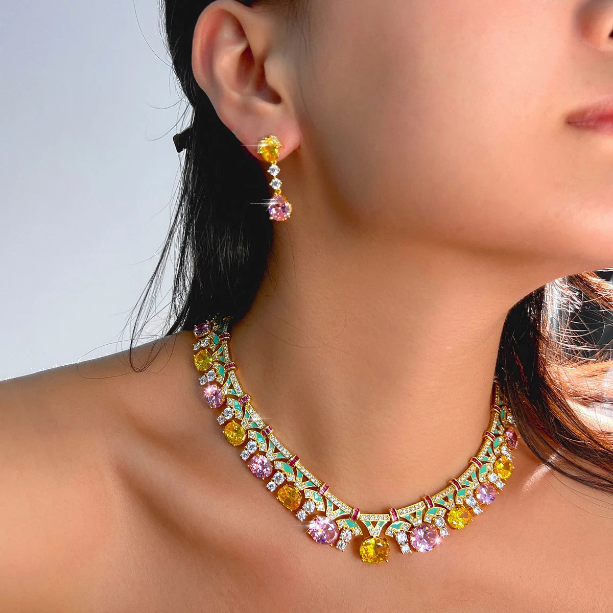 Trendy Necklace Earrings Yellow Pink CZ Oval Green Enamel Necklace Earrings for Women Party With Golden Plated Jewelry Set Jovera Joyce