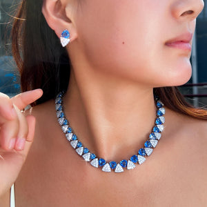 Luxury Unique Shiny Blue Synthetic Tanzanite Stone and White Zirconia Triangle Shape Bridal Wedding Party Jewelry Set for Women Jovera Joyce
