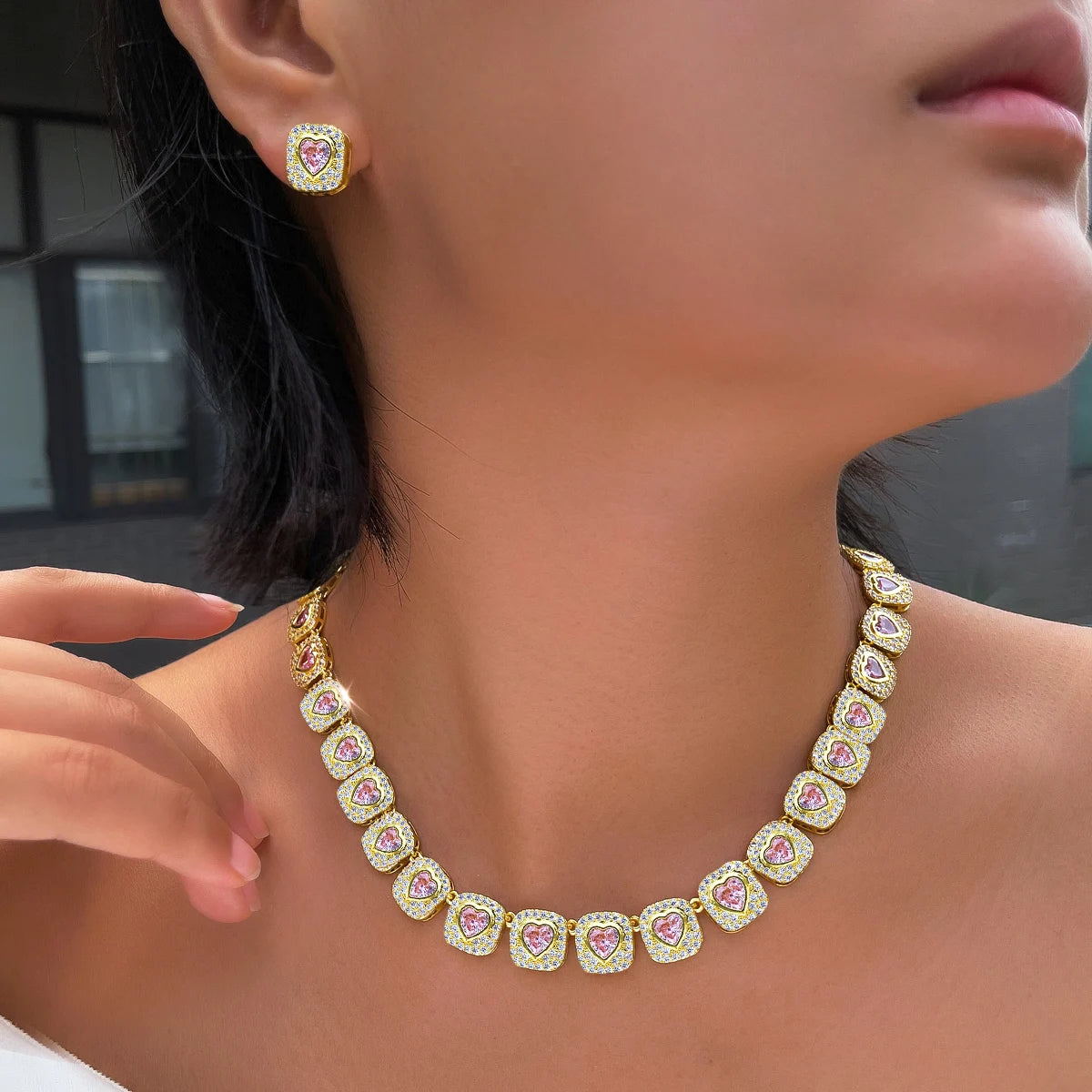 Sparkling Heart Cut Pink Cubic Zirconia Halo Pave Necklace and Earrings Set 18k Gold Plated Bridal Jewelry Set  for Women Gifts Jovera Joyce