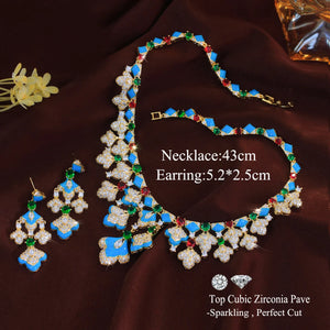 Gorgeous Mediterranean Style Blue Enamel Green CZ Necklace and Earrings Sets Vintage Luxury Jewelry Set for Banquets Vacations Jovera Joyce