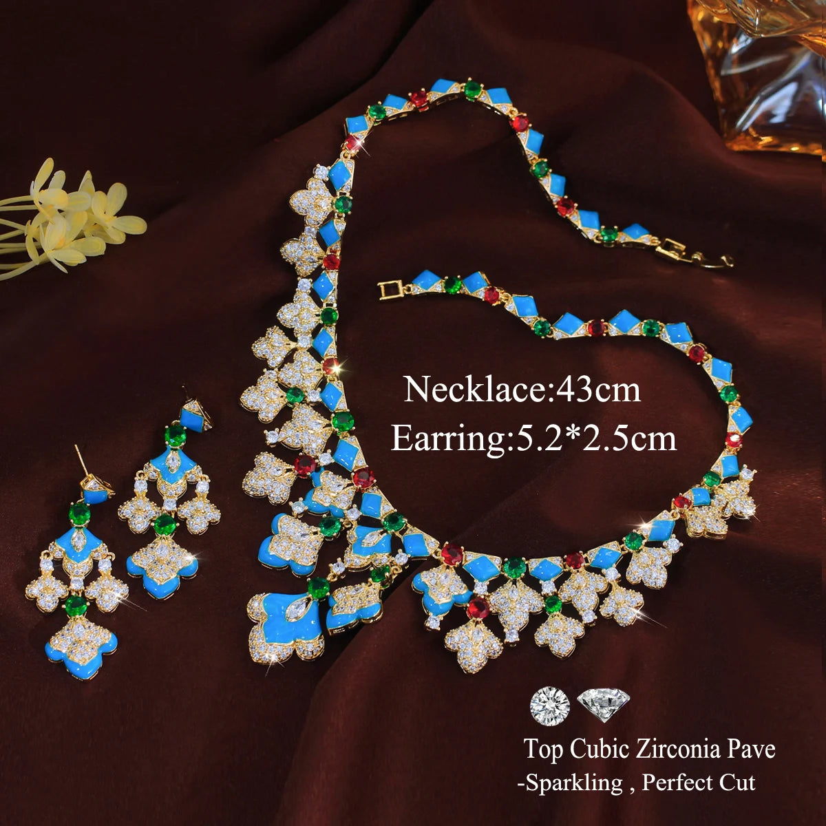 Gorgeous Mediterranean Style Blue Enamel Green CZ Necklace and Earrings Sets Vintage Luxury Jewelry Set for Banquets Vacations Jovera Joyce