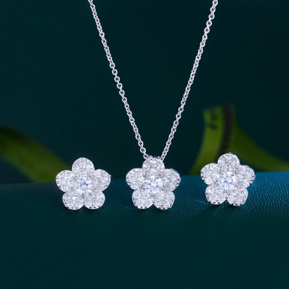 Korean Style Micro Pave Cubic Zircon Green Red Blue White Flowers Necklace and Earrings Jewelry Sets for Women Summer Daily Wear Jovera Joyce