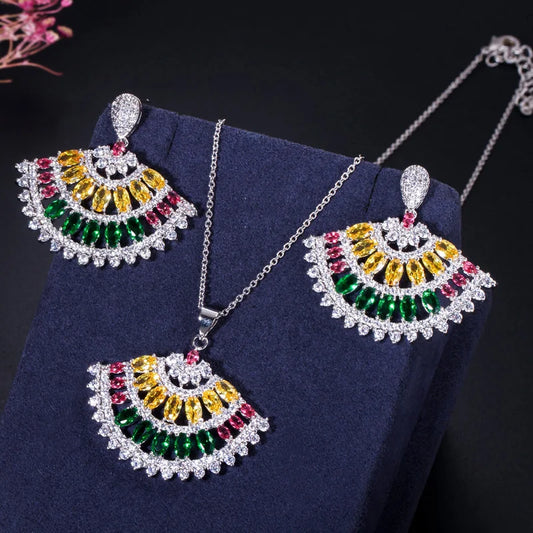 Simple Fashion Brand Designer Big Bold Long Dangle Green Earrings Necklace Cubic Zirconia Stone Engagement Jewelry Set for Women Jovera Joyce