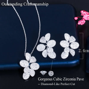Glitter Silver Plated Cubic Zirconia Big Delicate Leaf Shaped Chain Pendant Necklace Earring Bridal Jewelry Sets for Women Jovera Joyce