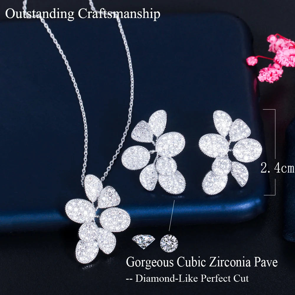 Glitter Silver Plated Cubic Zirconia Big Delicate Leaf Shaped Chain Pendant Necklace Earring Bridal Jewelry Sets for Women Jovera Joyce
