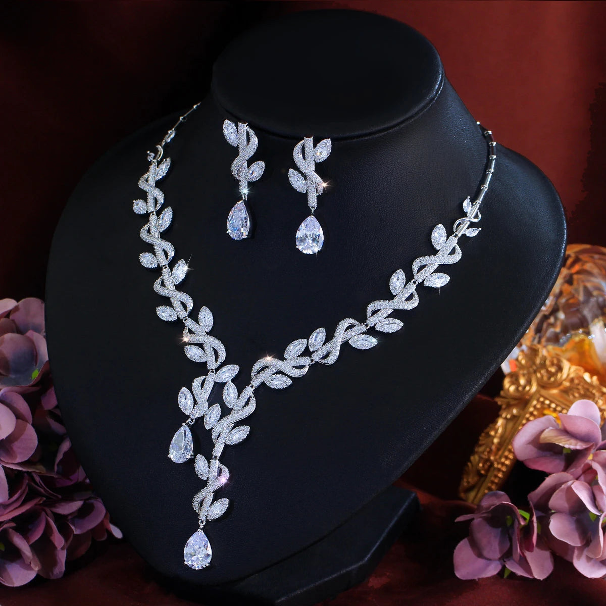 Elegant Cubic Zirconia Luxury Necklace and Earrings Women Big Leaf Weed Shape Jewelry Set for Wedding Bride Anniversary Gift Jovera Joyce