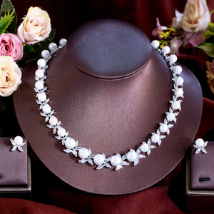 Dazzling Cubic Zirconia Stone Necklace and Earrings Big Imitation Pearl Jewelry Set for Women Wedding Bridal Dress Accessories Jovera Joyce