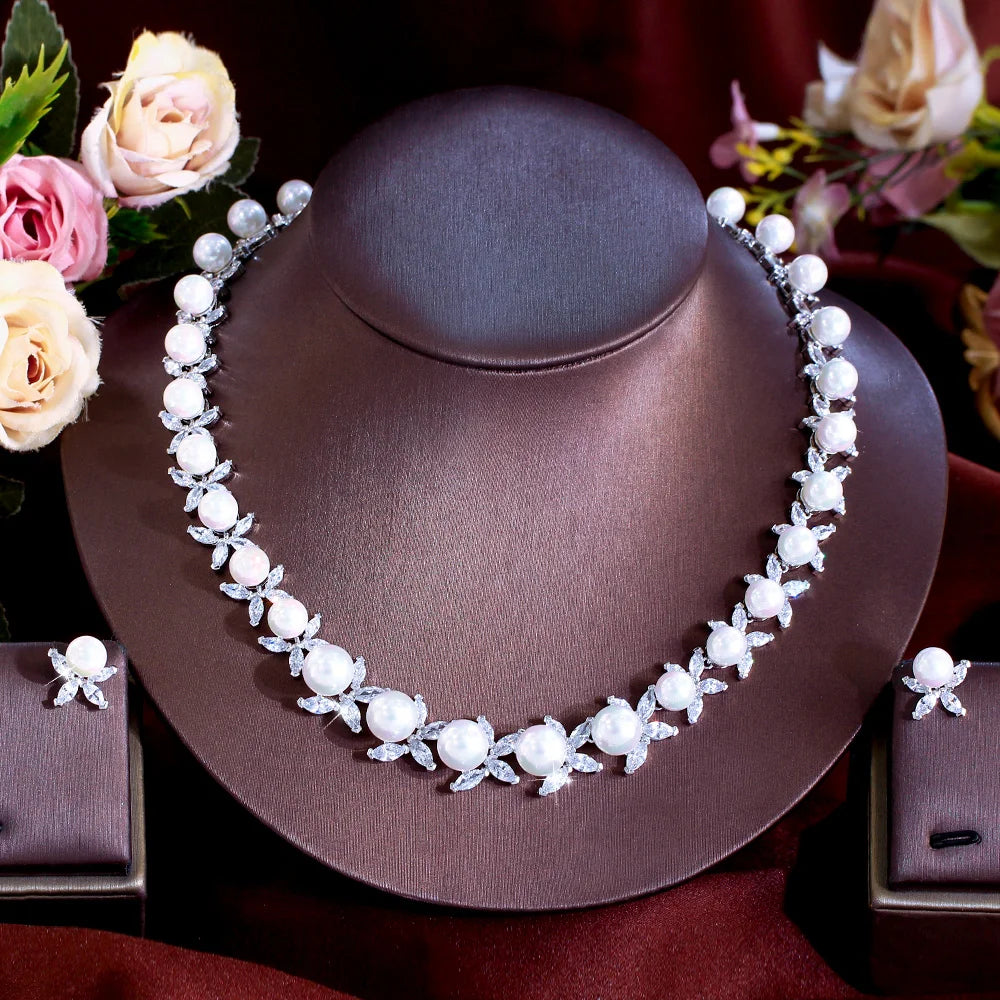 Dazzling Cubic Zirconia Stone Necklace and Earrings Big Imitation Pearl Jewelry Set for Women Wedding Bridal Dress Accessories Jovera Joyce