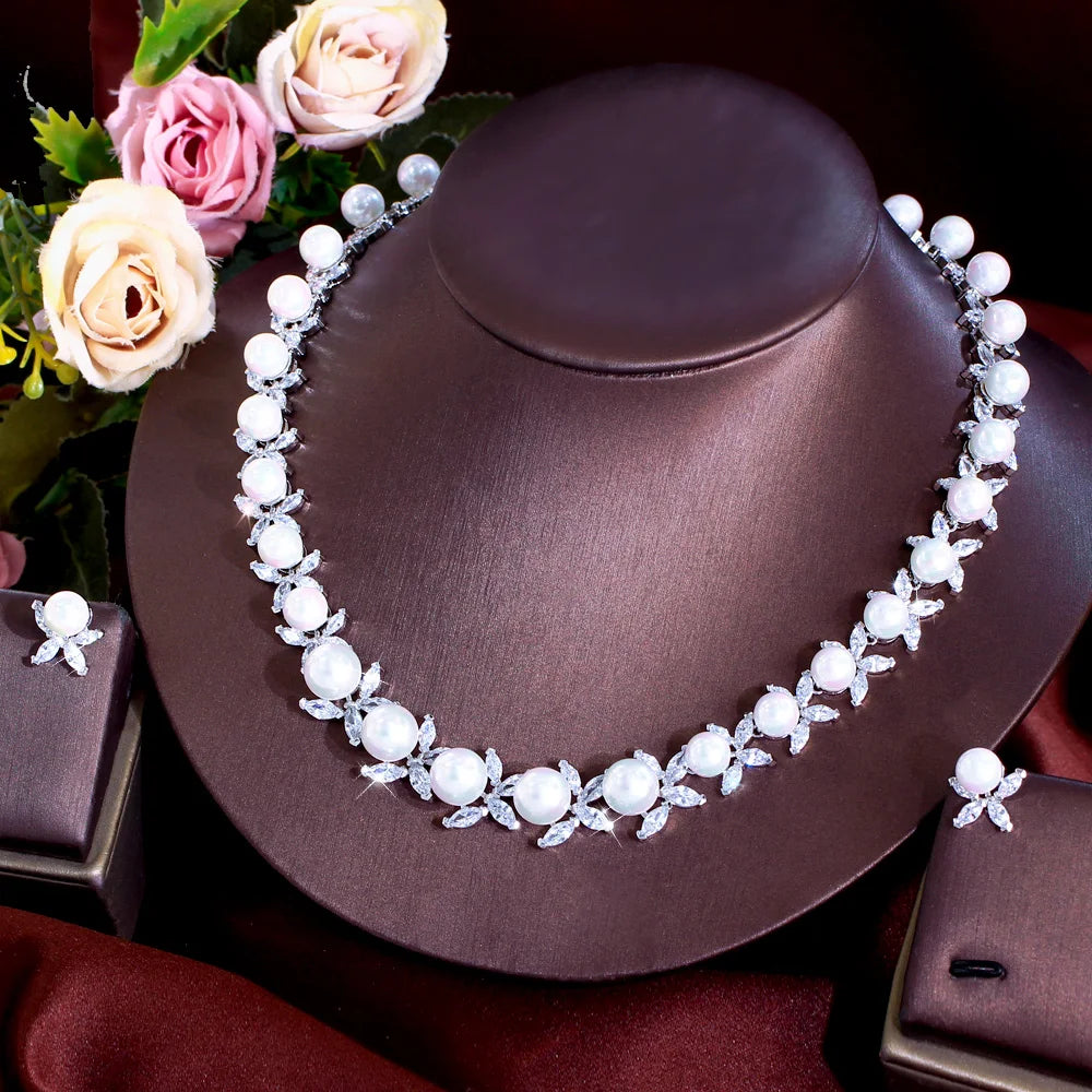 Dazzling Cubic Zirconia Stone Necklace and Earrings Big Imitation Pearl Jewelry Set for Women Wedding Bridal Dress Accessories Jovera Joyce