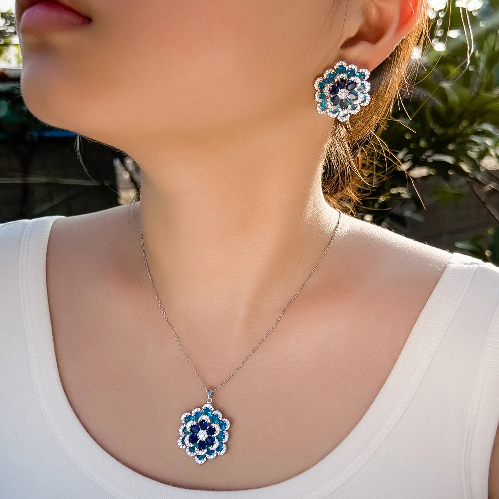 Art Deco Luxury Blue Cubic Zirconia Chunky Flower Shaped Earrings and Pendant Necklace Women Party Jewelry Sets Jovera Joyce