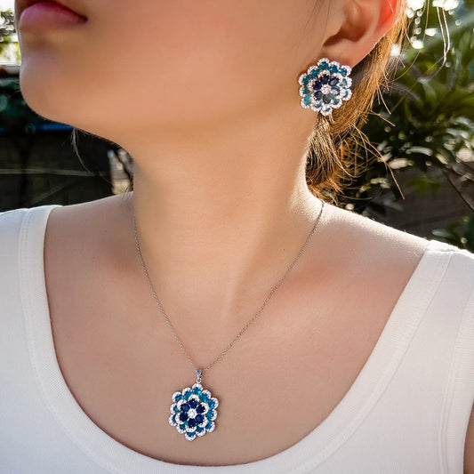 Art Deco Luxury Blue Cubic Zirconia Chunky Flower Shaped Earrings and Pendant Necklace Women Party Jewelry Sets Jovera Joyce