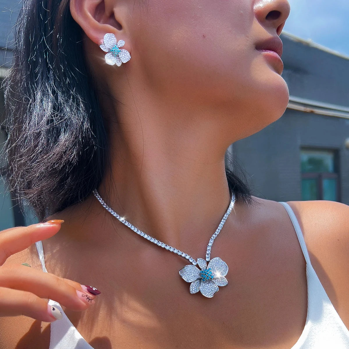 Vintage Shiny Micro Pave CZ Turquoise Flower Pendant Necklace Stud Earrings Set for Women Formal Banquet Bridesmaid Jewelry Set Jovera Joyce