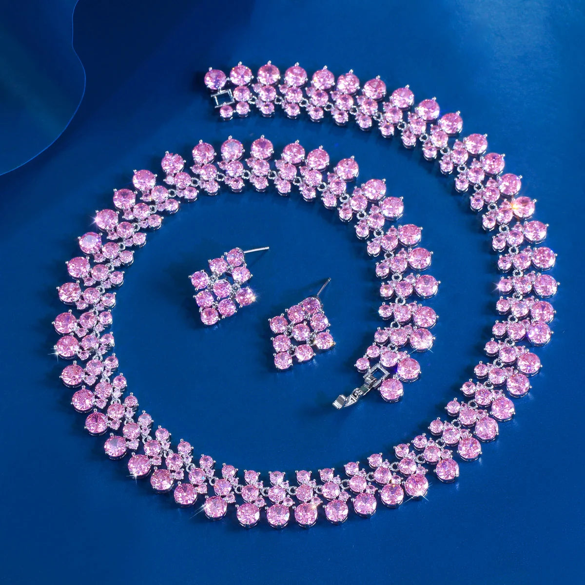 Super Luxurious Round Cubic Zirconia Necklace and Earrings Engagement Wedding Romantic Pink Chunky Big Jewelry Set for Women Jovera Joyce