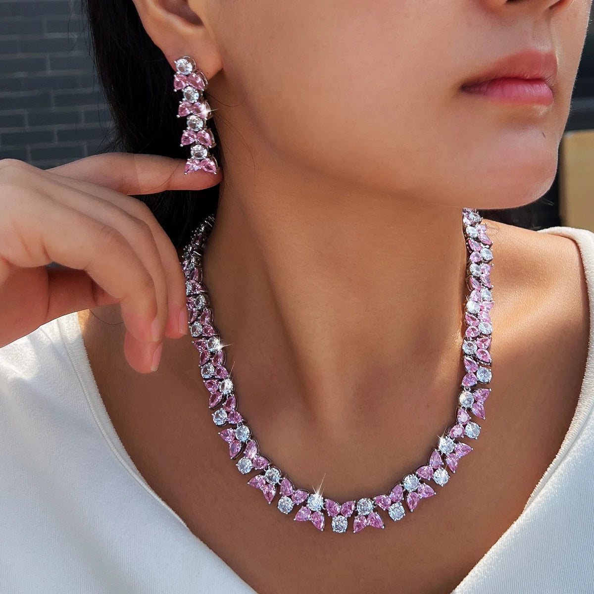 Exquisite Jewelry Set Rhodium Plated Pink White CZ Zircon Necklace Earrings Jewelry Set for Brides Women Unique Designer Party Jovera Joyce