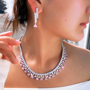 Shinning Triangle Shape Cubic Zirconia White and Pink Luxury Jewelry Set for Women Gathering Party Necklace and Earrings Set Jovera Joyce