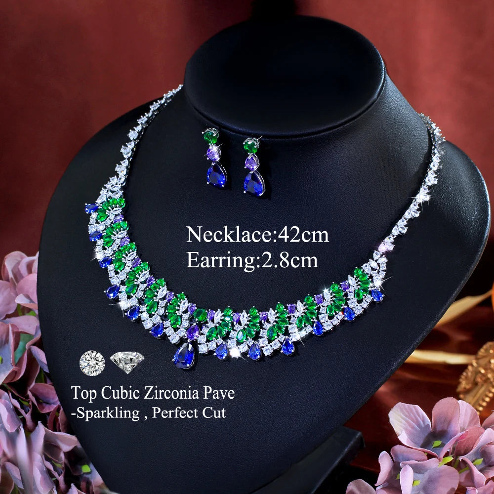 Vintage Shiny Blue Green Cubic Zirconia Necklace Earrings Luxury Water Drop Bridal Wedding Evening Party Jewelry Set for Women Jovera Joyce