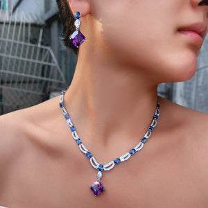 Rhodium Plated CZ Jewelry Set Cubic Zircon Blue Oval Purple Rhombus Dangle Drop Necklace Earrings Jewelry Set for Brides Wedding Jovera Joyce
