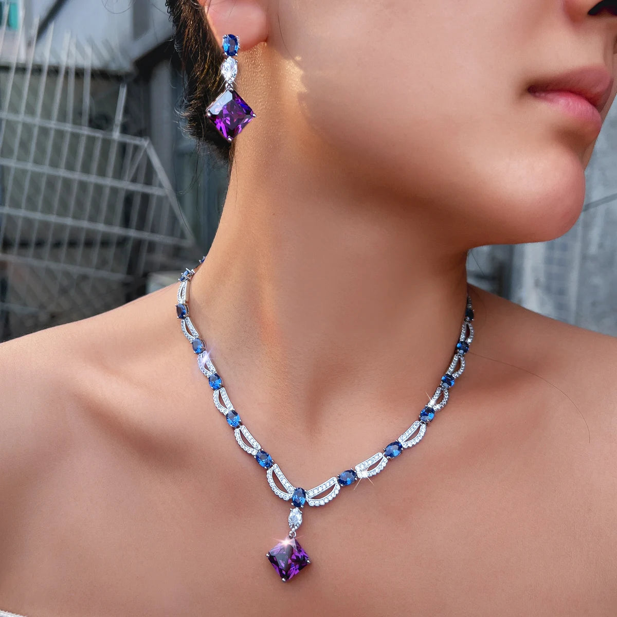 Rhodium Plated CZ Jewelry Set Cubic Zircon Blue Oval Purple Rhombus Dangle Drop Necklace Earrings Jewelry Set for Brides Wedding Jovera Joyce