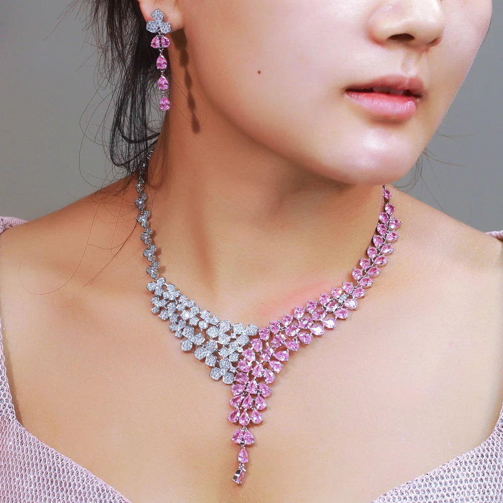 Elegant Shimmering Pink White Water Drop Cubic Zircon Long Earrings and Necklace Bridal Wedding Party Jewelry Set for Women Jovera Joyce