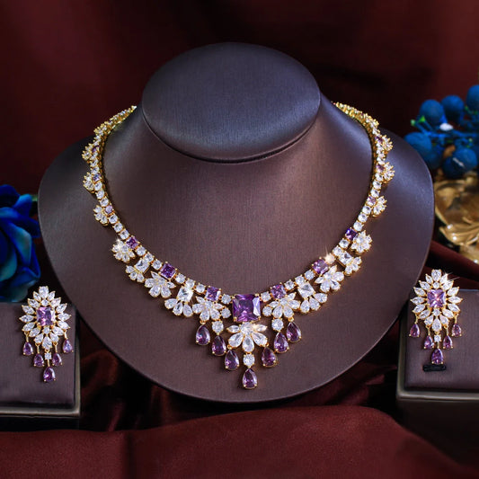 Luxury Purple and White Cubic Zirconia  Big Necklace Earrings Italian Dubai 18k Gold Plated Bridal Jewelry Set for Women Wedding Jovera Joyce