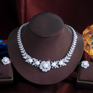 Super Luxury Wedding Bridal Necklace and Earrings Micro Pave Cubic Zircon Big Imitation Pearl Jewelry Set for Women Jewelry Gift Jovera Joyce